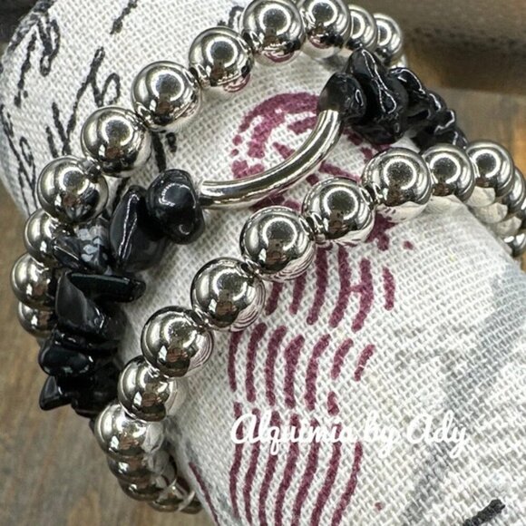 Silver statement bracelet stack with black onyx - Picture 1 of 1